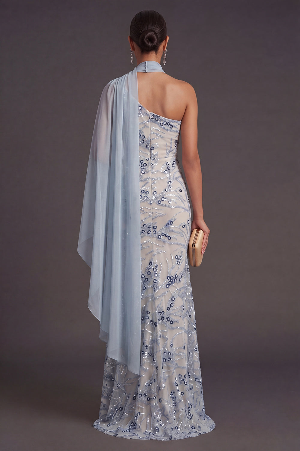 Light Blue Floral Mermaid One Shoulder Sparkly Long Formal Dress with Neck Scarf
