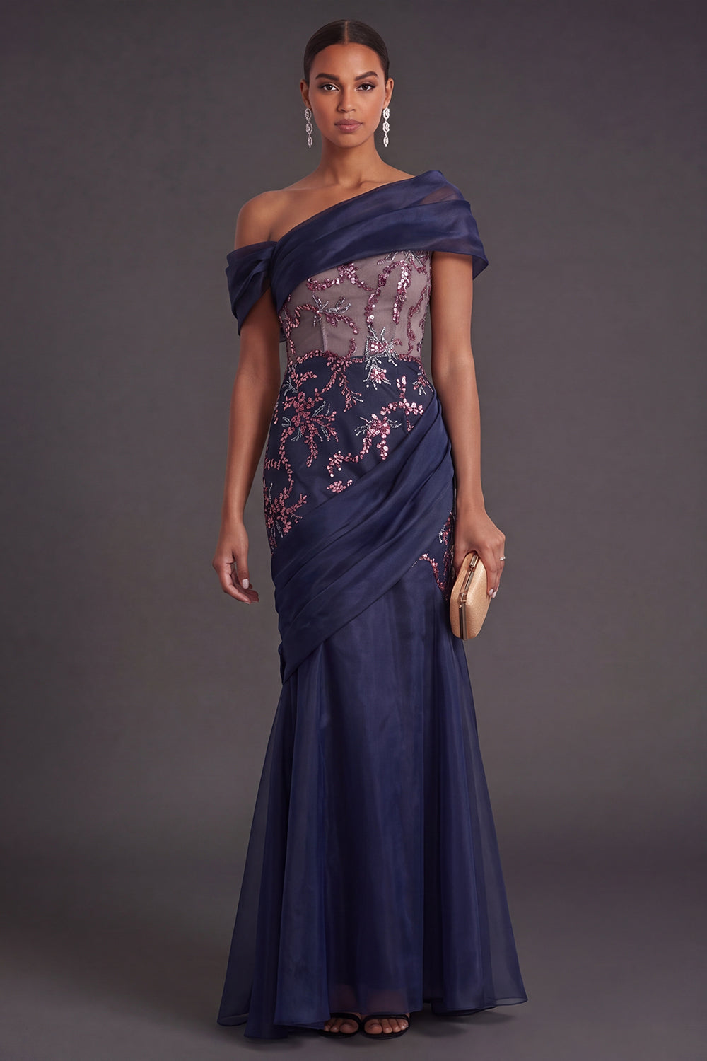 Navy Floral Mermaid One Shoulder Long Formal Dress