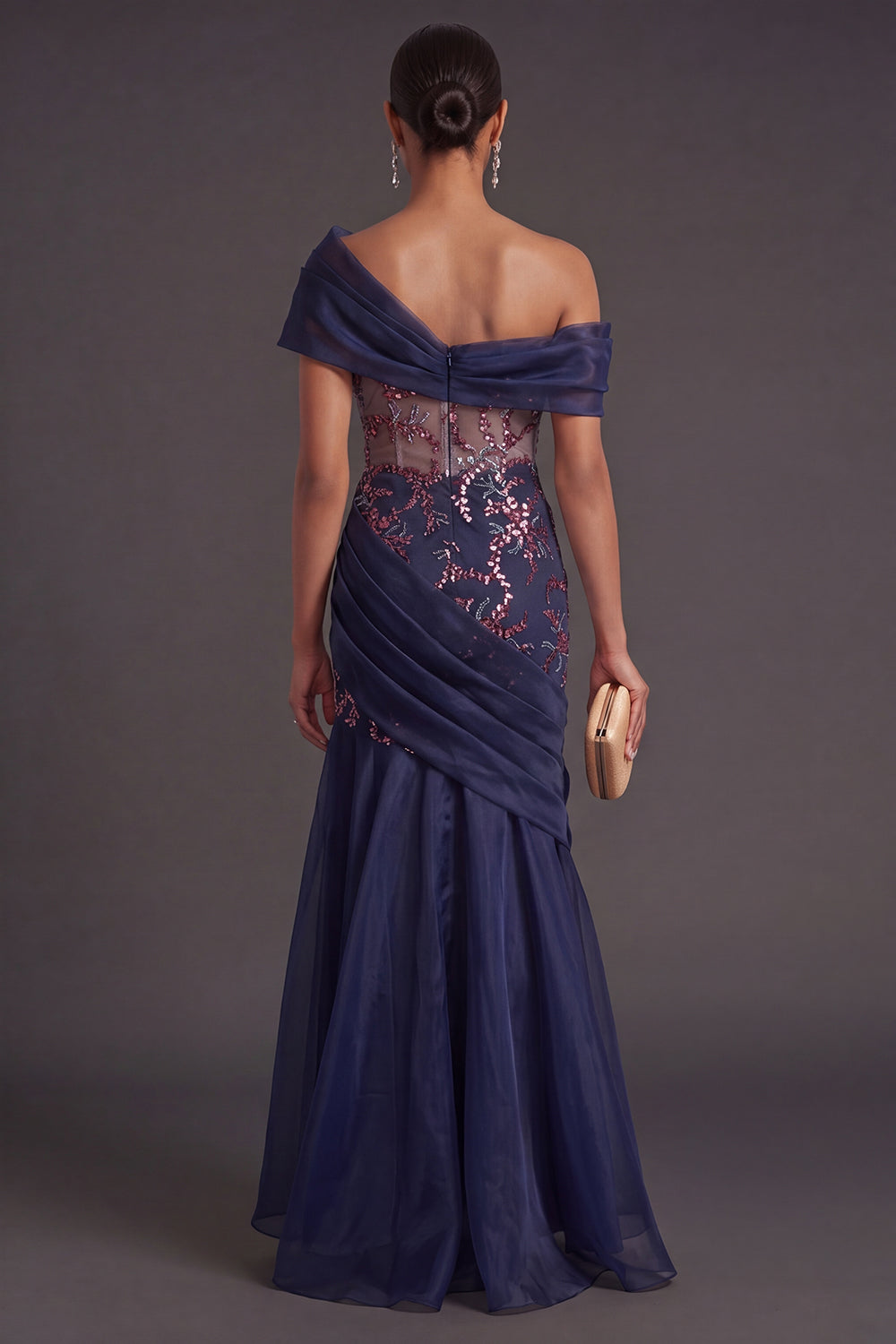 Navy Floral Mermaid One Shoulder Long Formal Dress