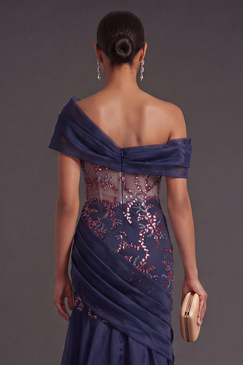 Navy Floral Mermaid One Shoulder Long Formal Dress