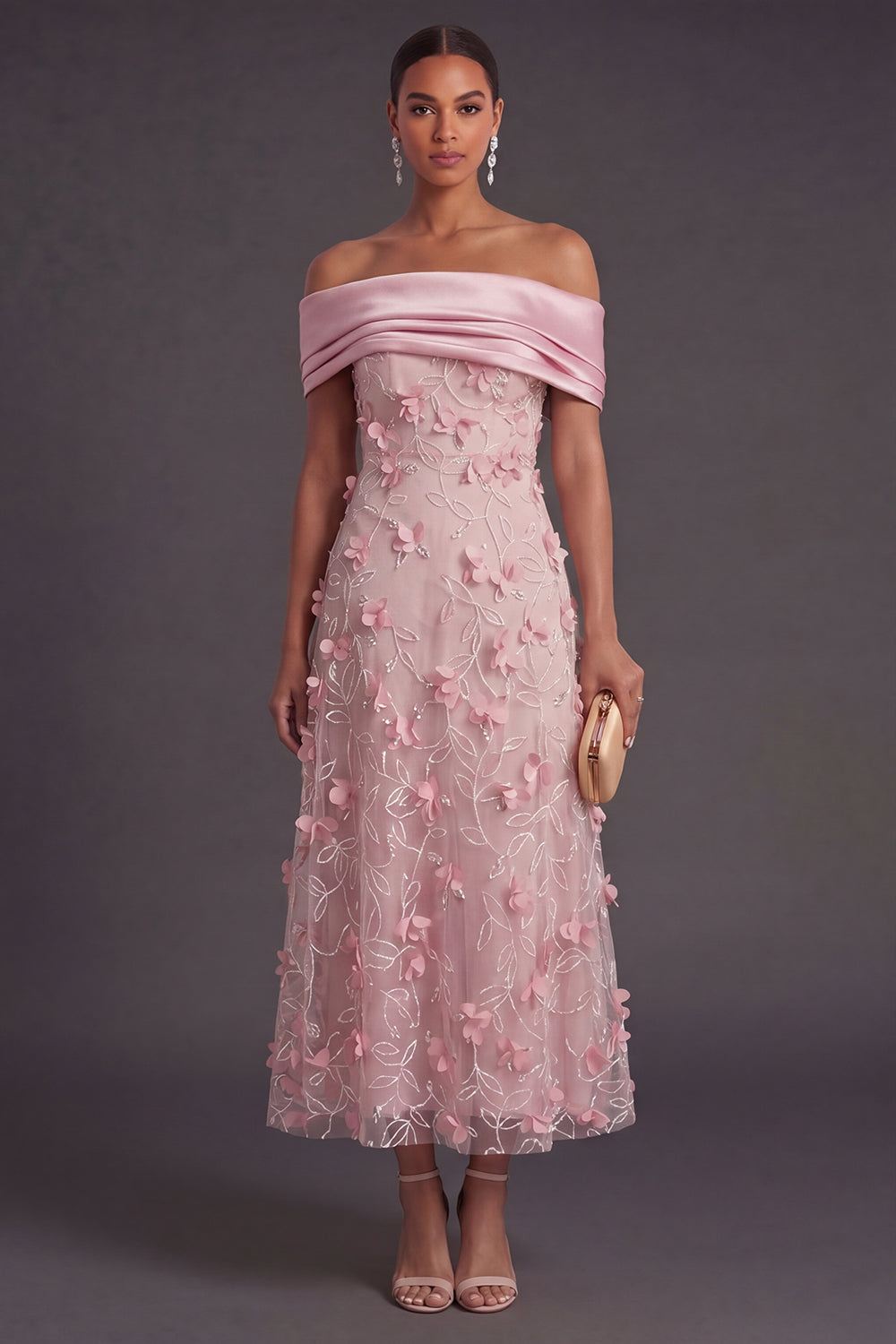 Pink A Line Off the Shoulder Long Appliqued Formal Dress