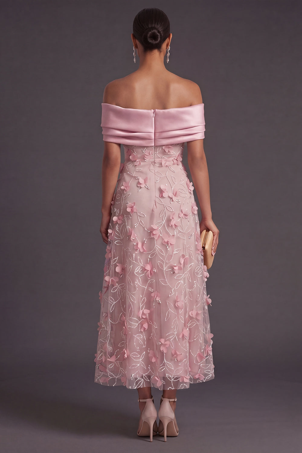 Pink A Line Off the Shoulder Long Appliqued Formal Dress