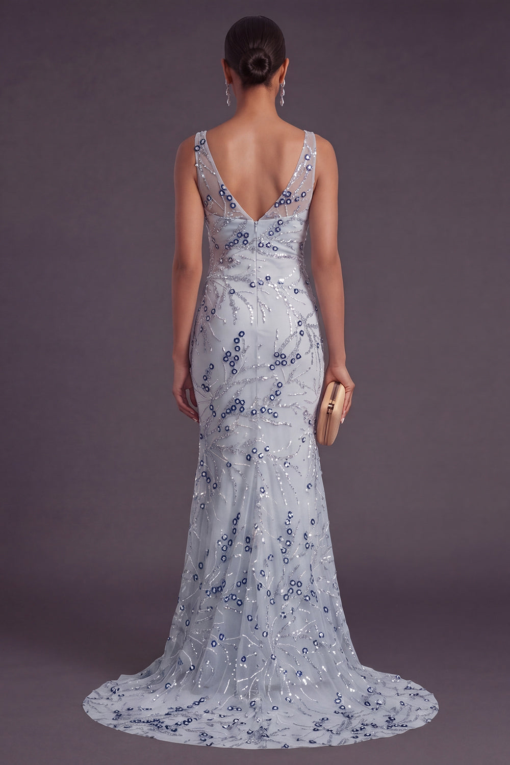 Light Blue Mermaid Sparkly Sequined Floral Long Formal Dress