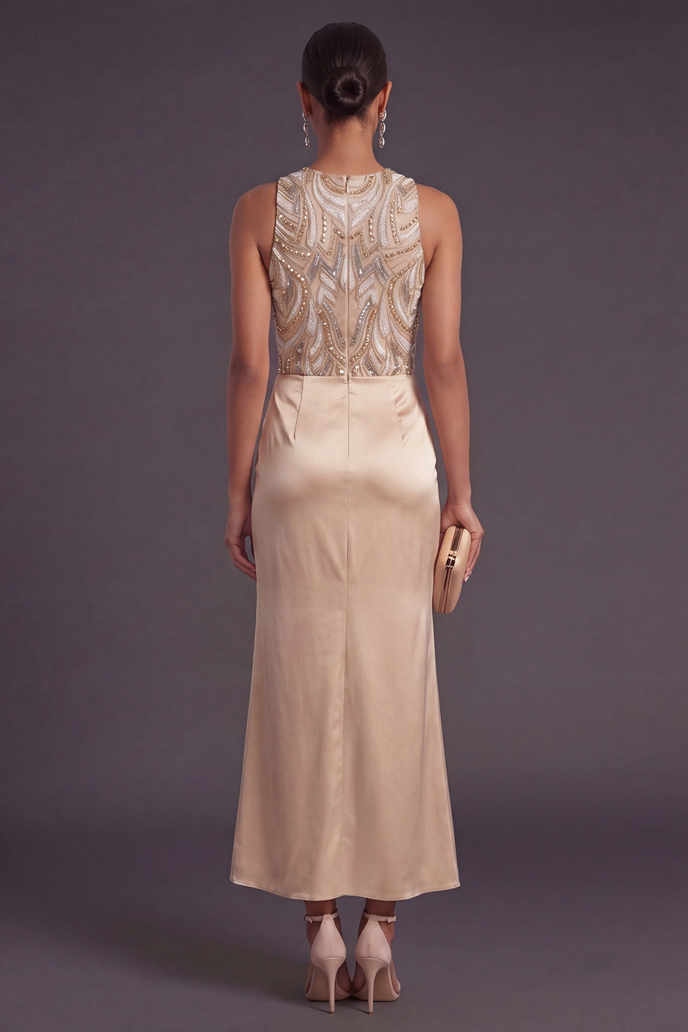 Champagne Floral Mermaid Satin Round Neck Long Formal Dress with Drape