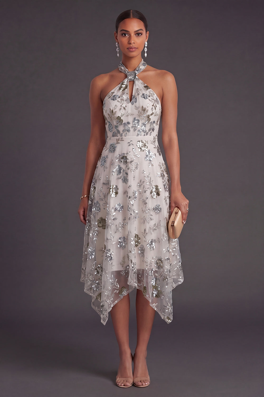 Grey Blue A Line Floral Halter Neck Midi Formal Dress