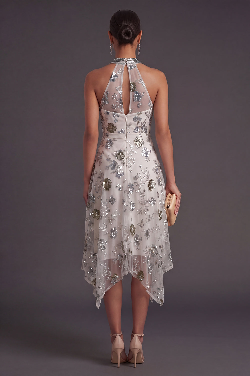 Grey Blue A Line Floral Halter Neck Midi Formal Dress