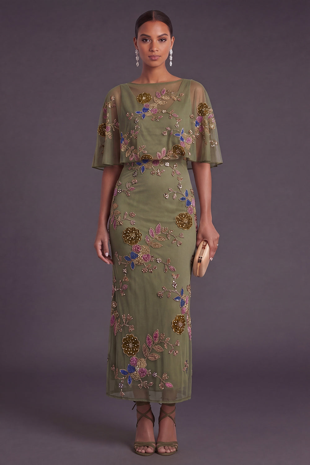 Olive Mermaid Floral Appliqued Beaded Long Formal Dress