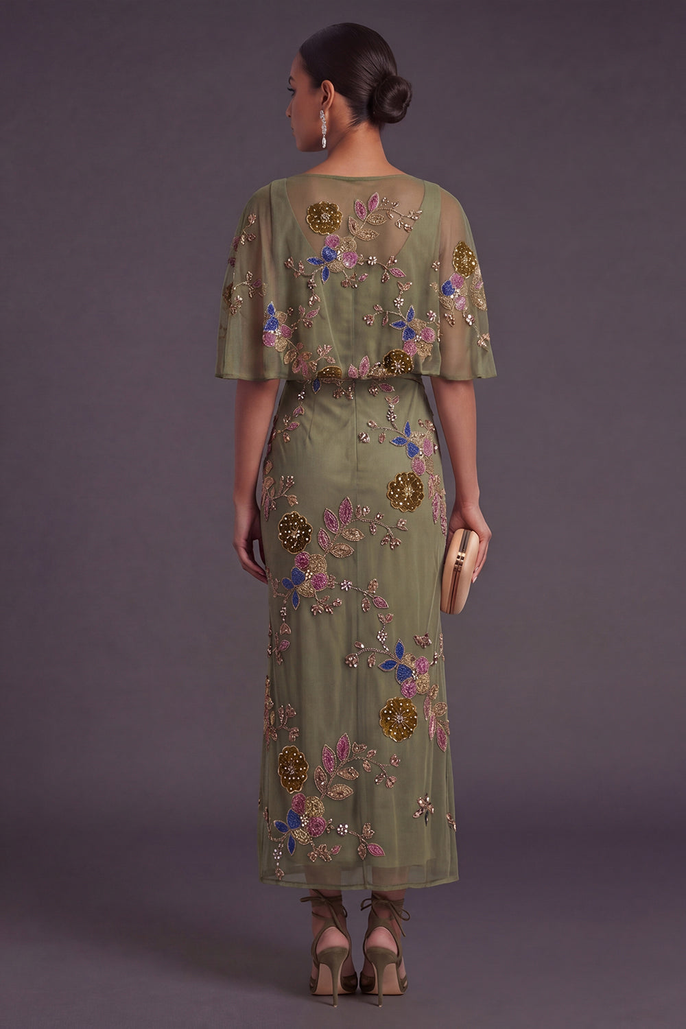 Olive Mermaid Floral Appliqued Beaded Long Formal Dress
