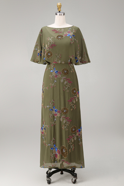 Olive Mermaid Floral Appliqued Beaded Long Formal Dress