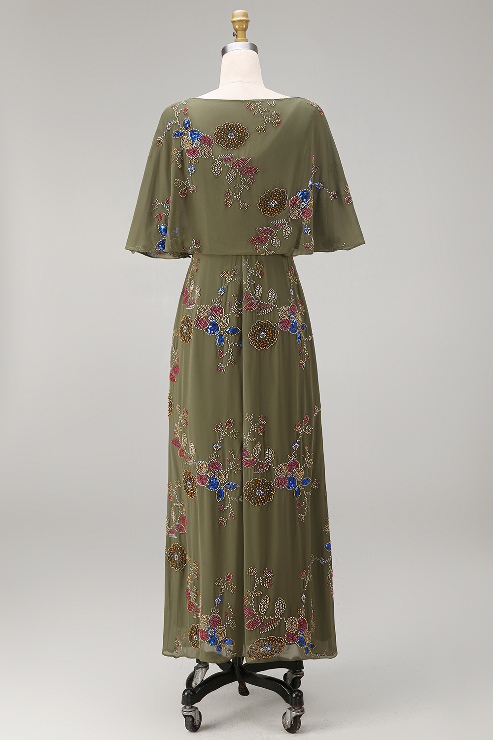 Olive Mermaid Floral Appliqued Beaded Long Formal Dress