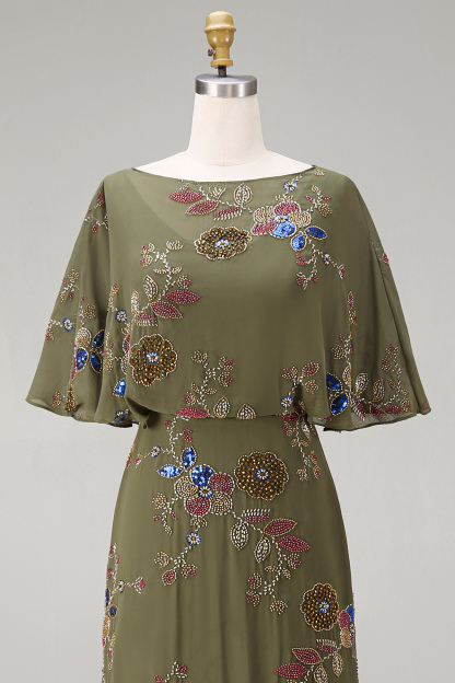 Olive Mermaid Floral Appliqued Beaded Long Formal Dress