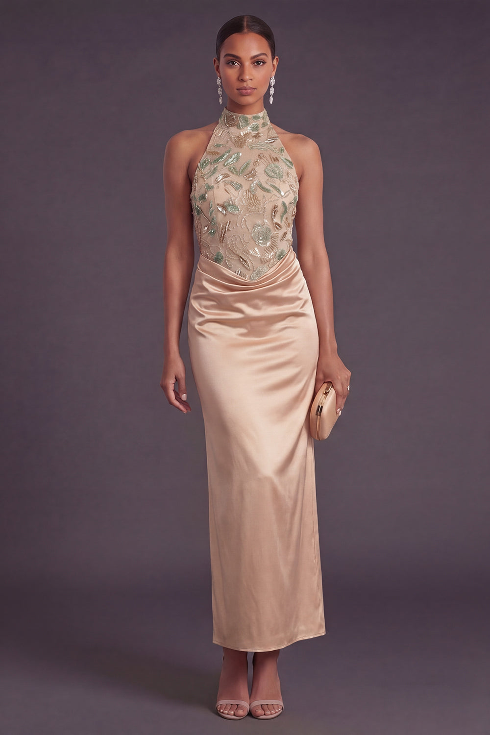 Champagne Floral Mermaid Backless Long Formal Dress