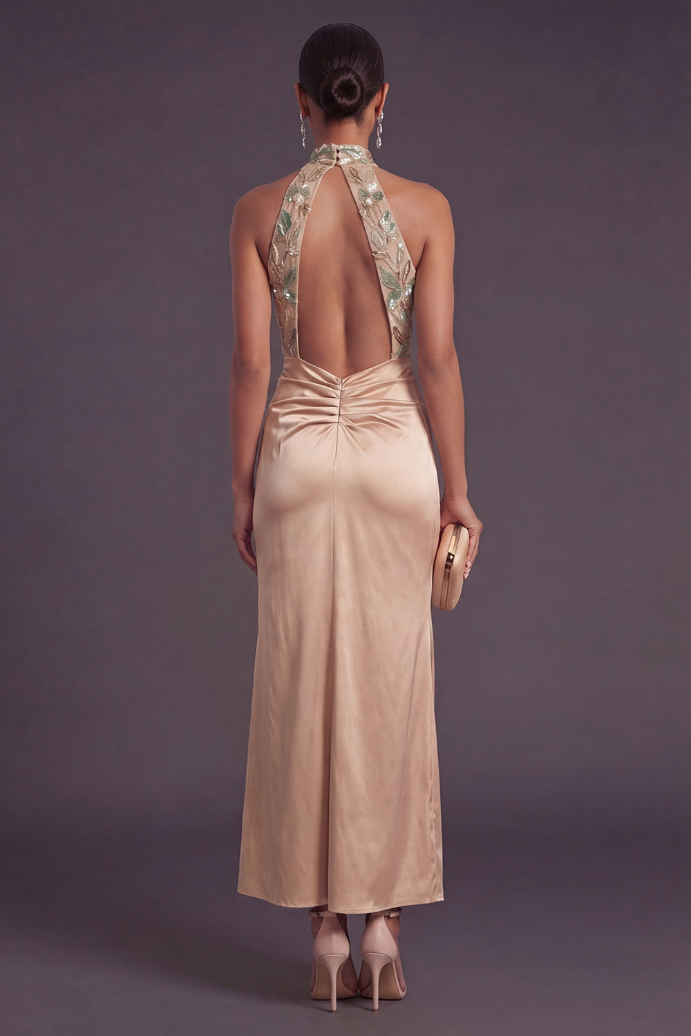 Champagne Floral Mermaid Backless Long Formal Dress