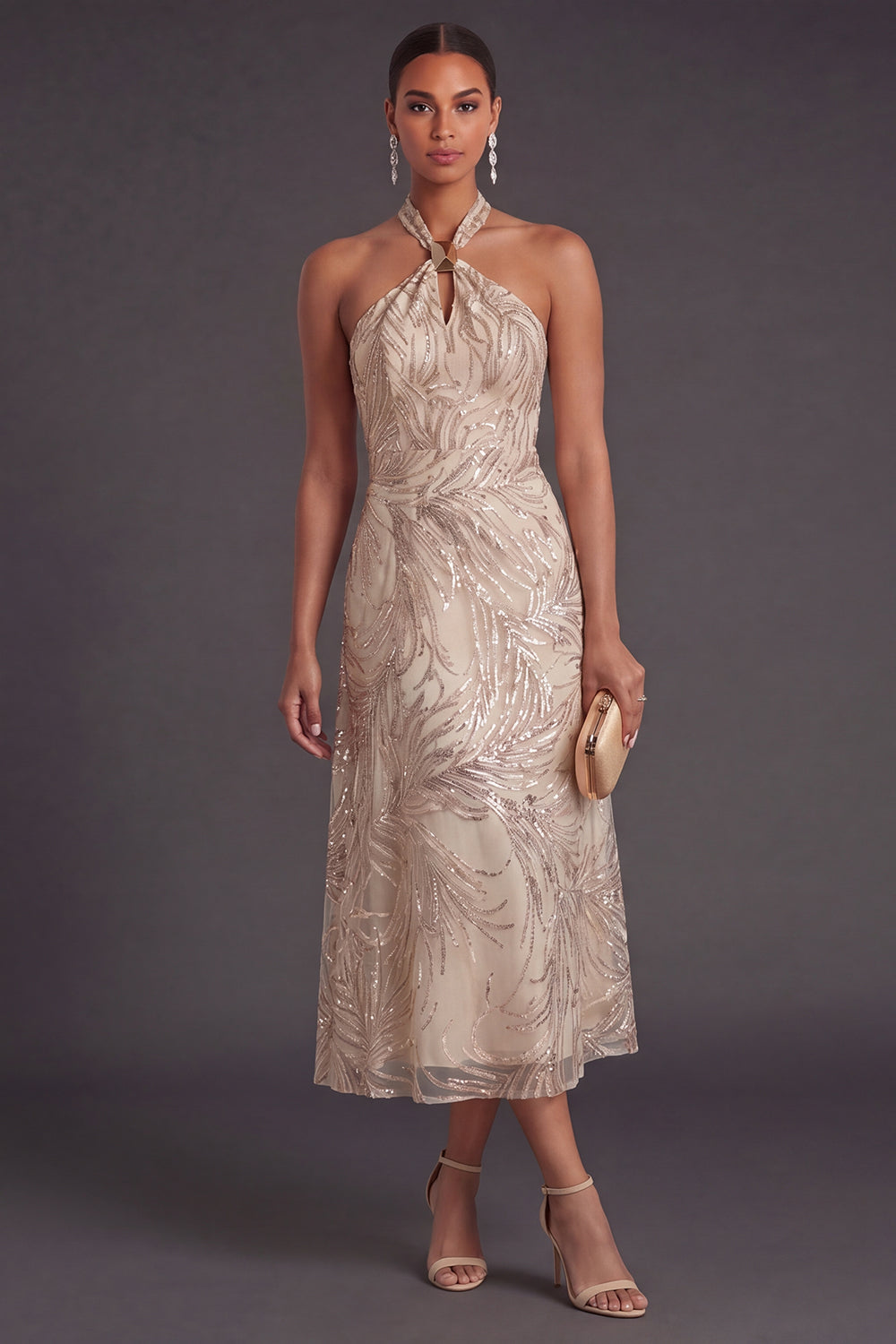 A Line Floral Champagne Halter Neck Long Formal Dress