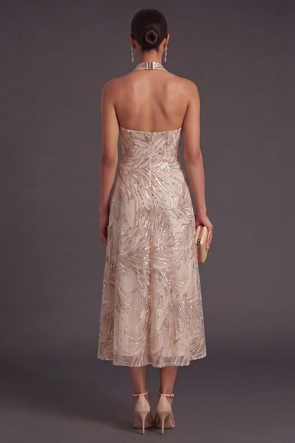 A Line Floral Champagne Halter Neck Long Formal Dress