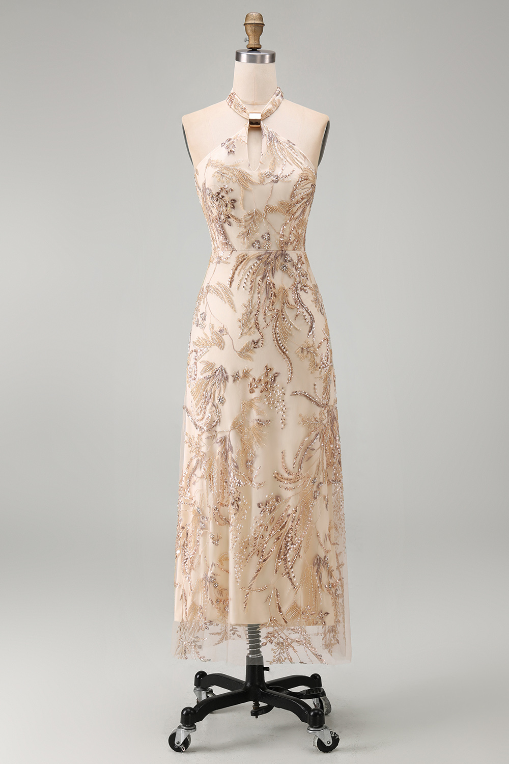 A Line Floral Champagne Halter Neck Long Formal Dress