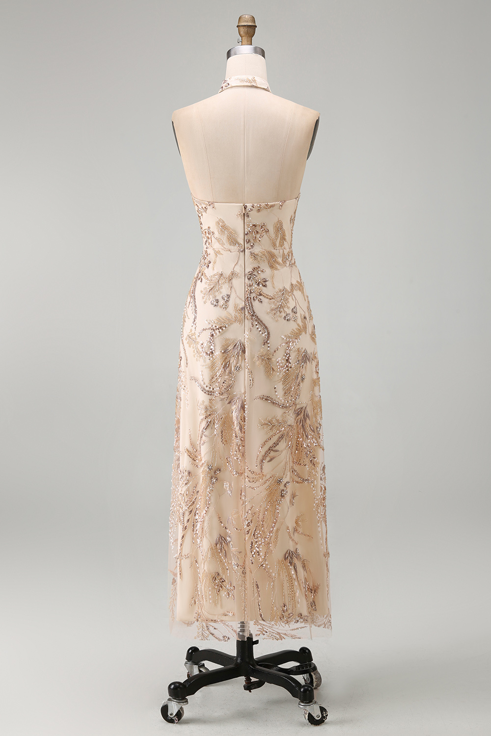 A Line Floral Champagne Halter Neck Long Formal Dress