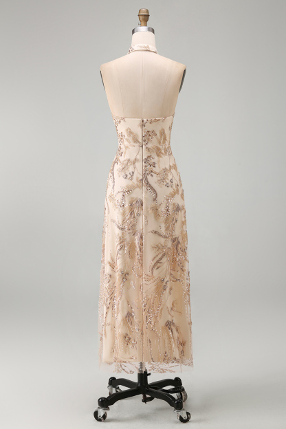 A Line Floral Champagne Halter Neck Long Formal Dress