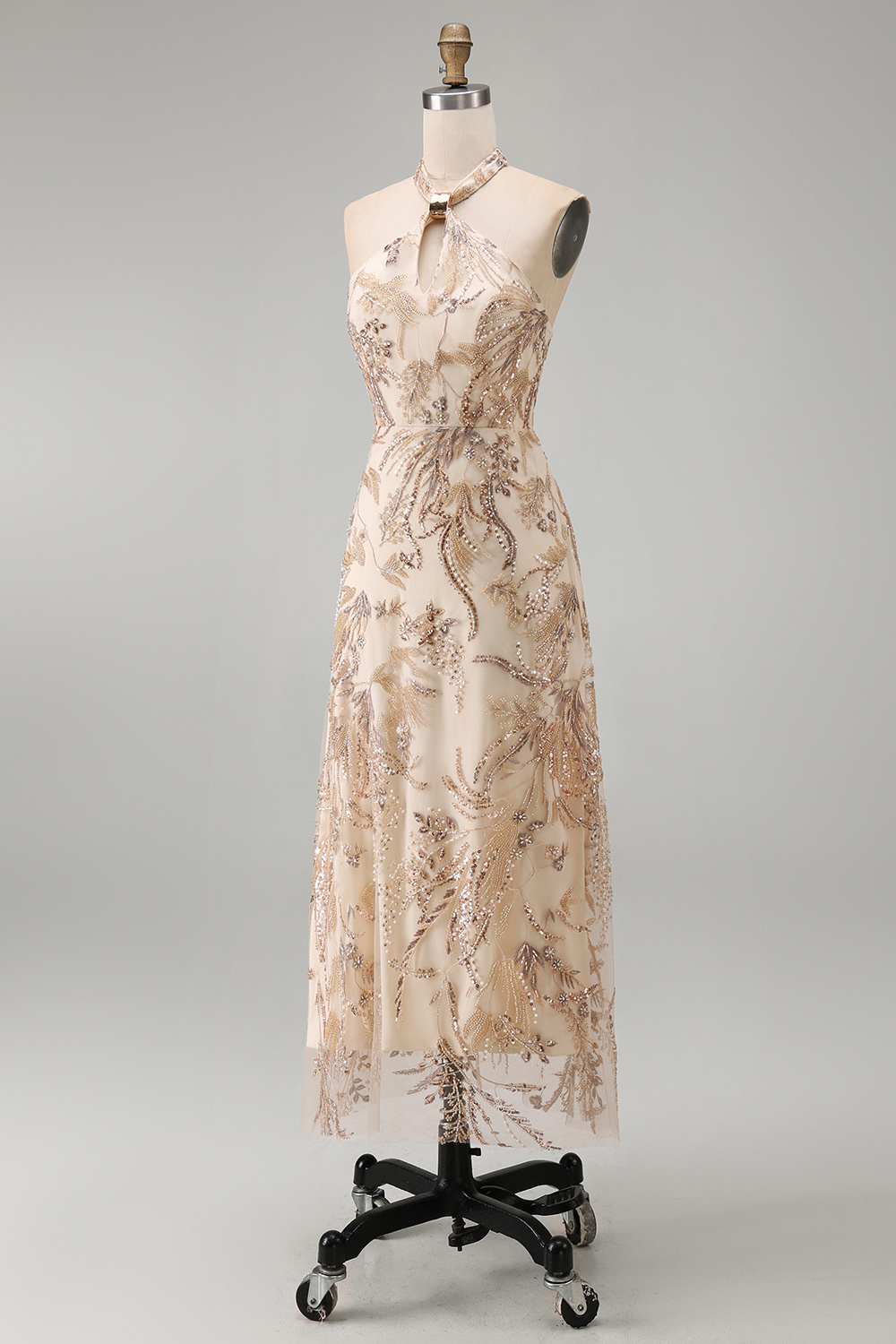 A Line Floral Champagne Halter Neck Long Formal Dress