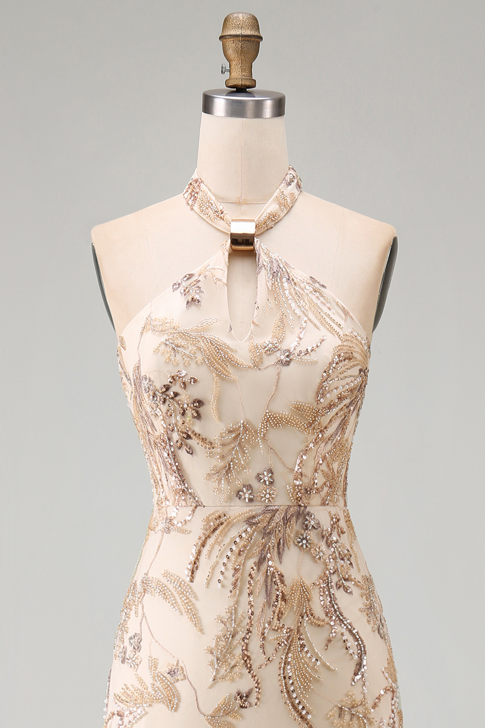 A Line Floral Champagne Halter Neck Long Formal Dress
