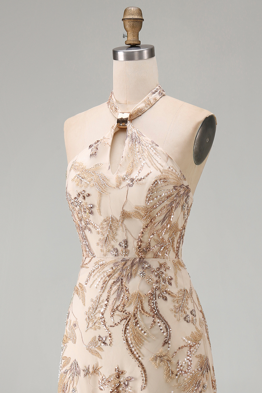 A Line Floral Champagne Halter Neck Long Formal Dress