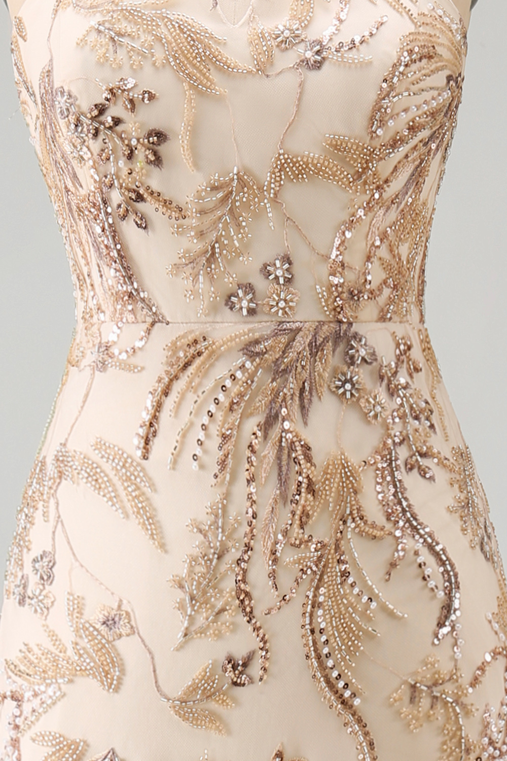 A Line Floral Champagne Halter Neck Long Formal Dress