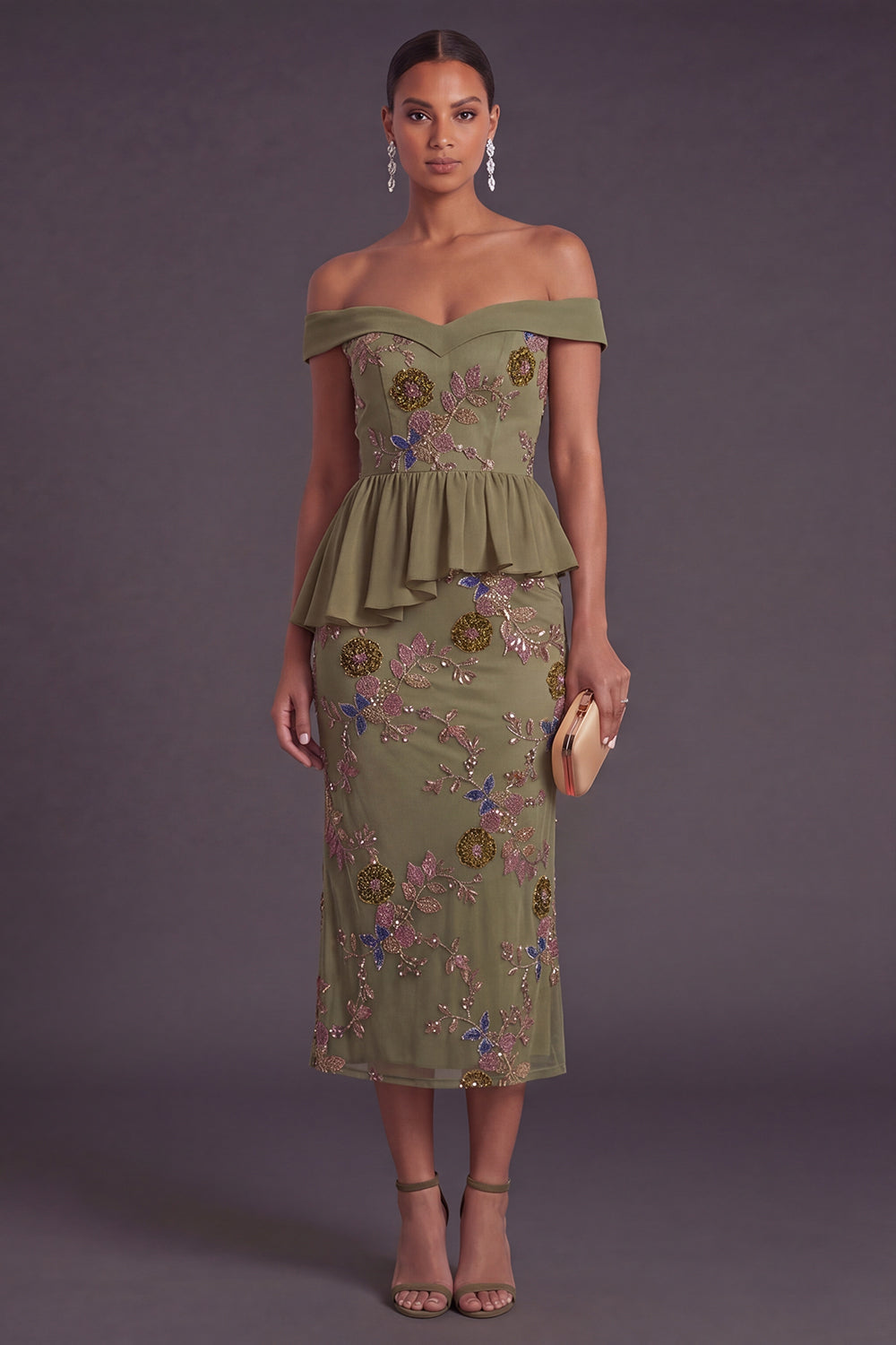 Off the Shoulder Floral Mermaid Olive Midi Formal Dress