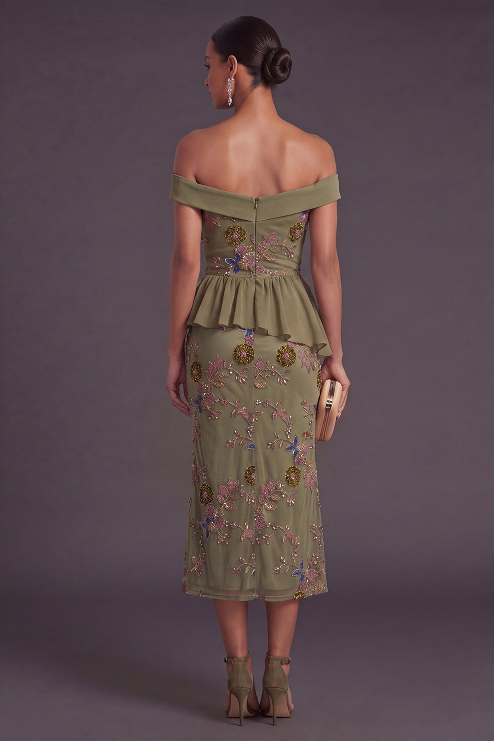 Off the Shoulder Floral Mermaid Olive Midi Formal Dress