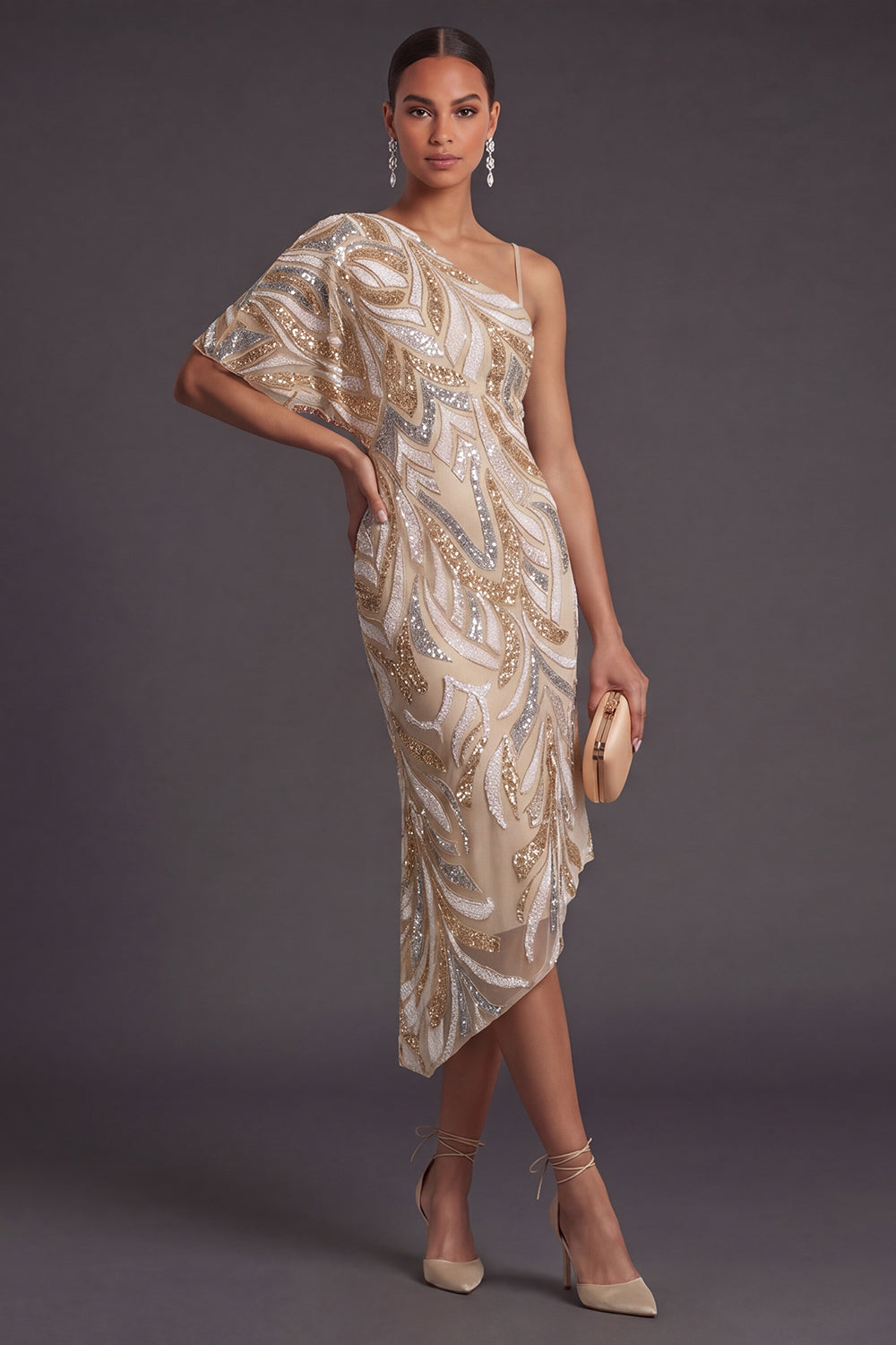 Champagne Floral Mermaid One Shoulder Sparkly Long Formal Dress