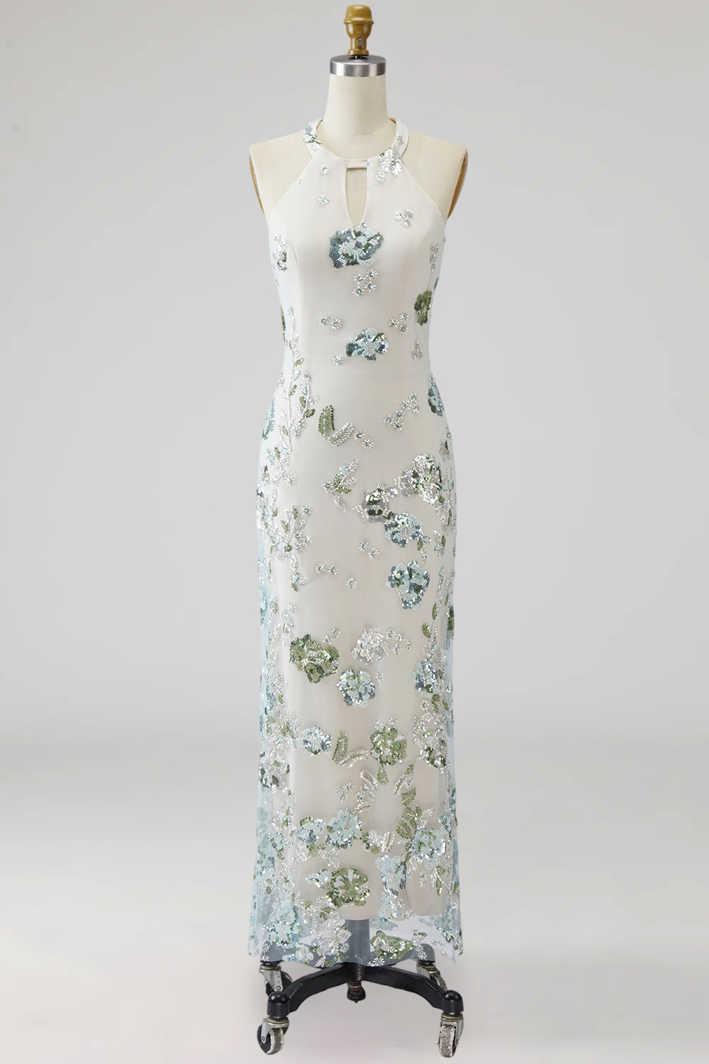 Sparkly Grey Blue Mermaid Floral Long Formal Dress