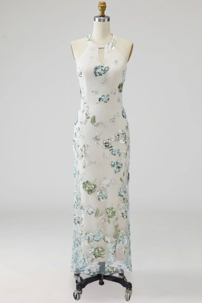 Sparkly Grey Blue Mermaid Floral Long Formal Dress
