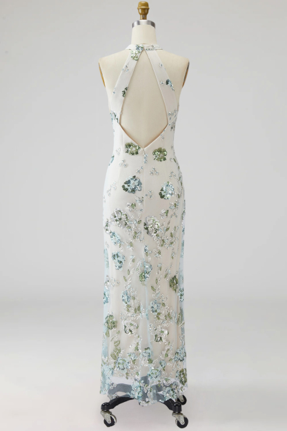 Sparkly Grey Blue Mermaid Floral Long Formal Dress