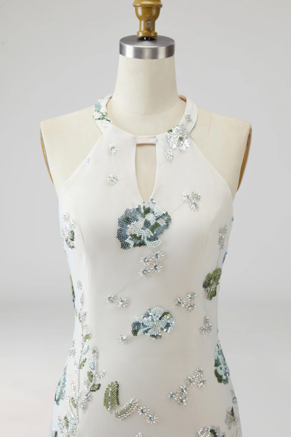 Sparkly Grey Blue Mermaid Floral Long Formal Dress