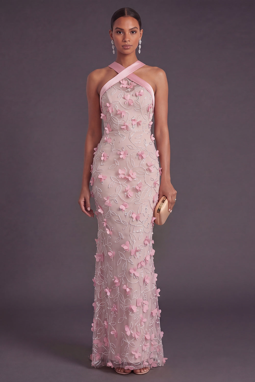 Mermaid Pink Floral Long Halter Neck Formal Dress