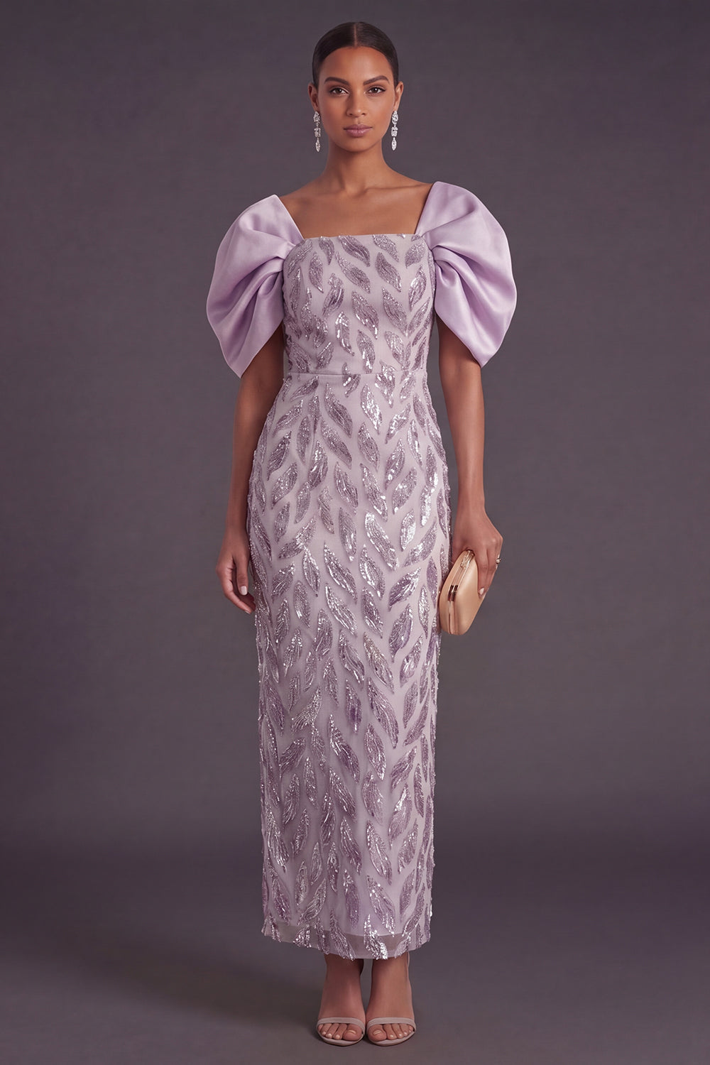 Puff Sleeves Sheath Lilac Sparkly Long Formal Dress