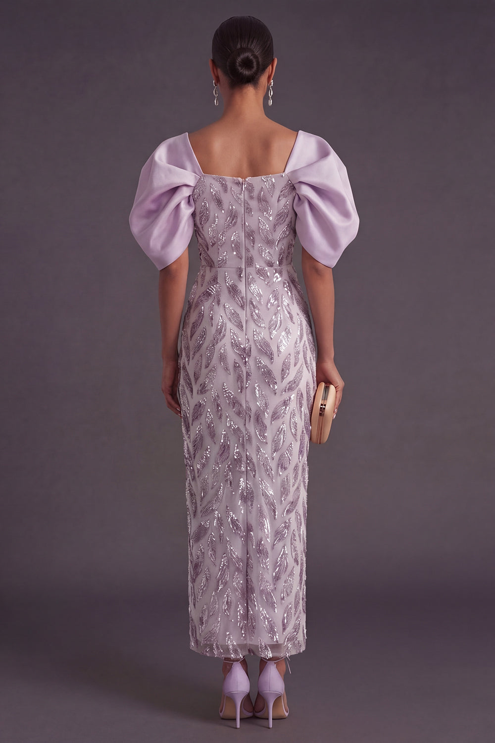Puff Sleeves Sheath Lilac Sparkly Long Formal Dress