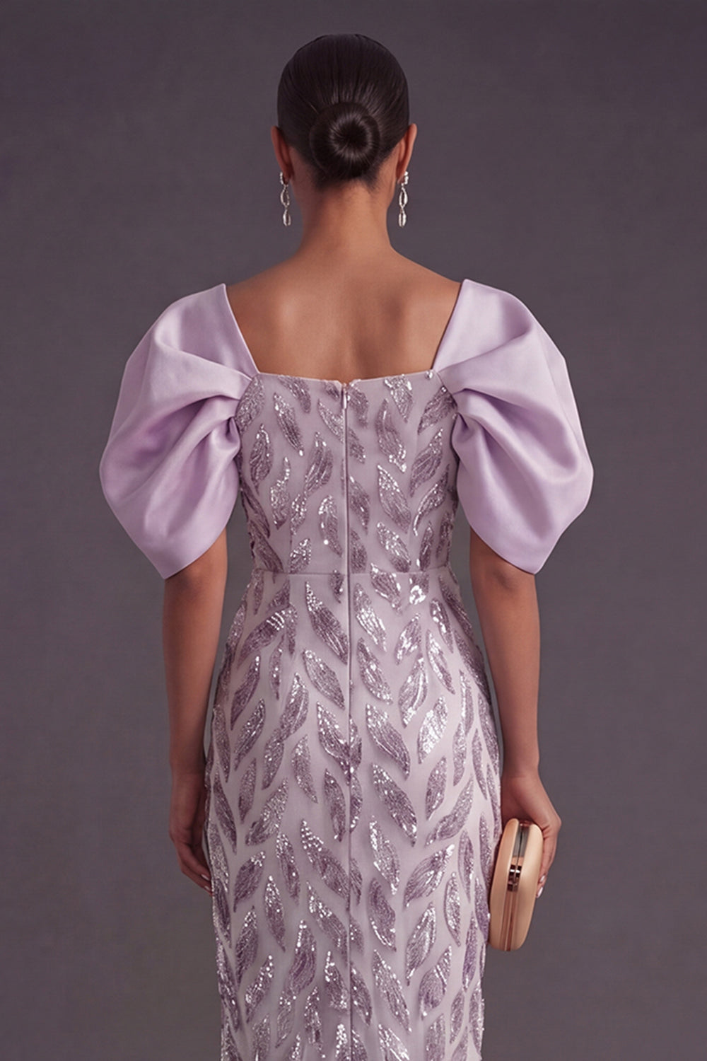 Puff Sleeves Sheath Lilac Sparkly Long Formal Dress