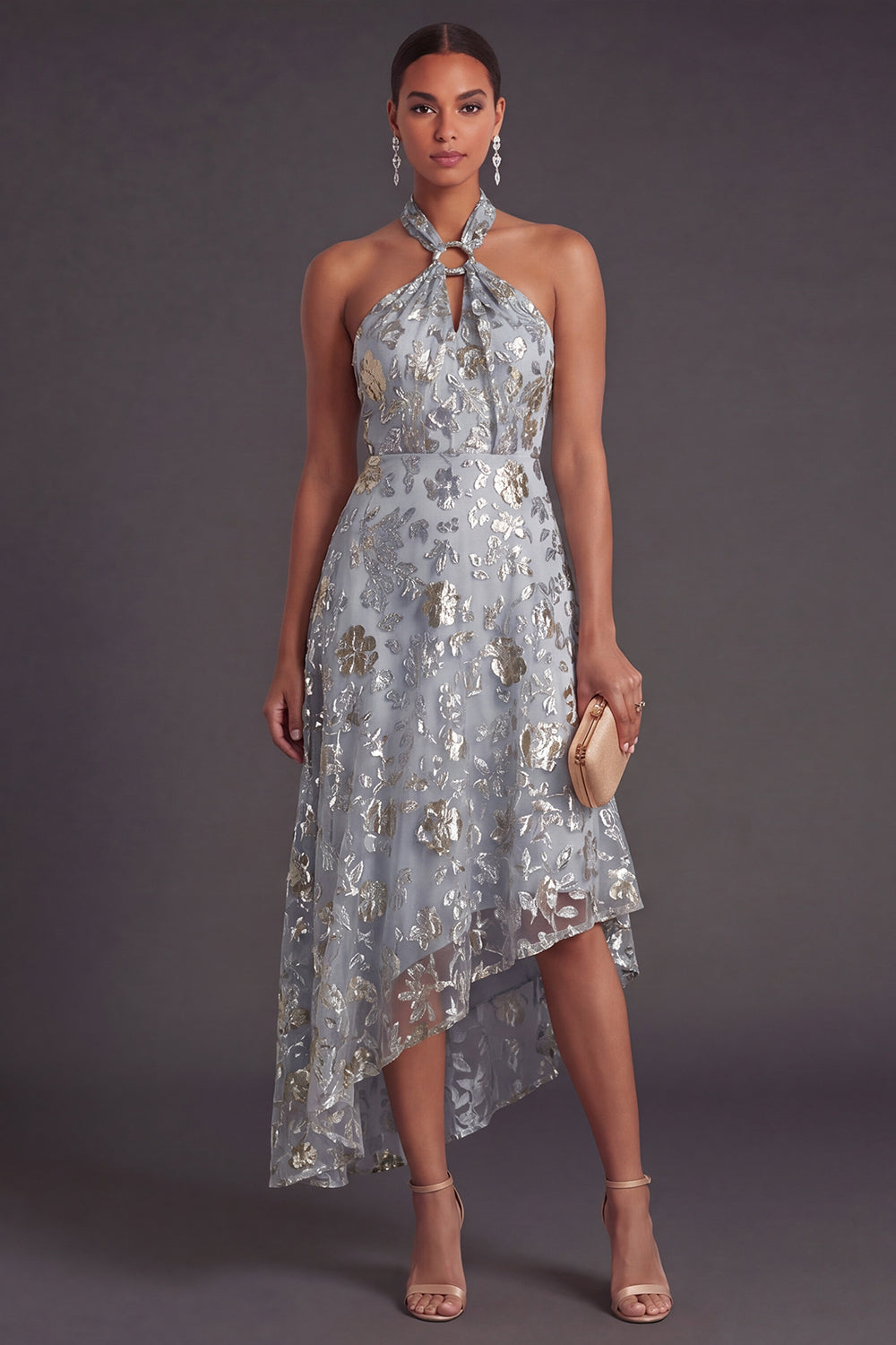 A Line Floral Sparkly Grey Blue High Low Formal Dress