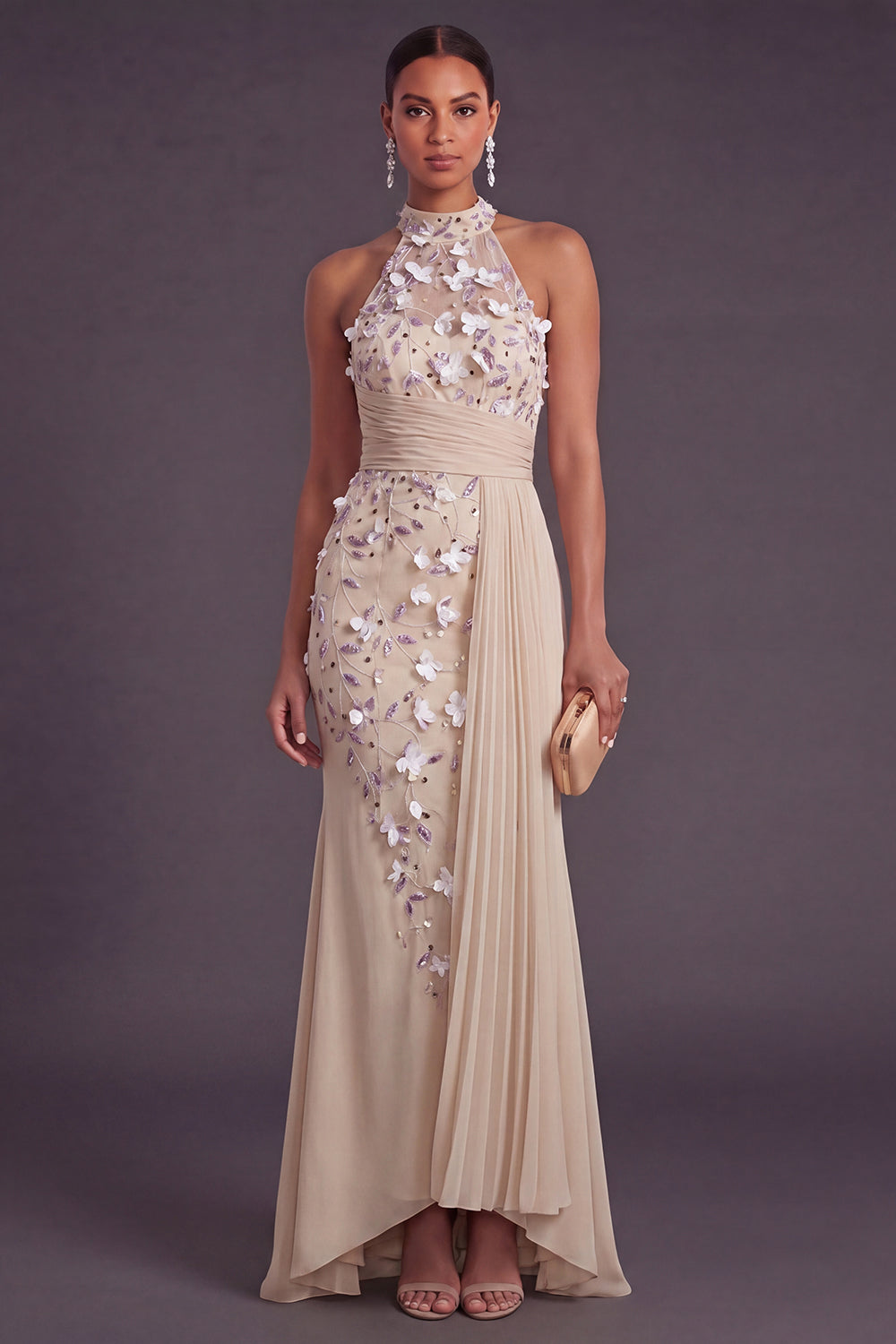 Leely Women Mermaid Champagne Pleated Floral Long Apricot Evening Dress Halter Neck Appliqued Summer Wedding Guest Dress