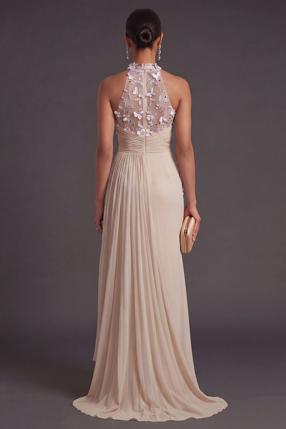 Mermaid Champagne Pleated Floral Long Apricot Formal Dress