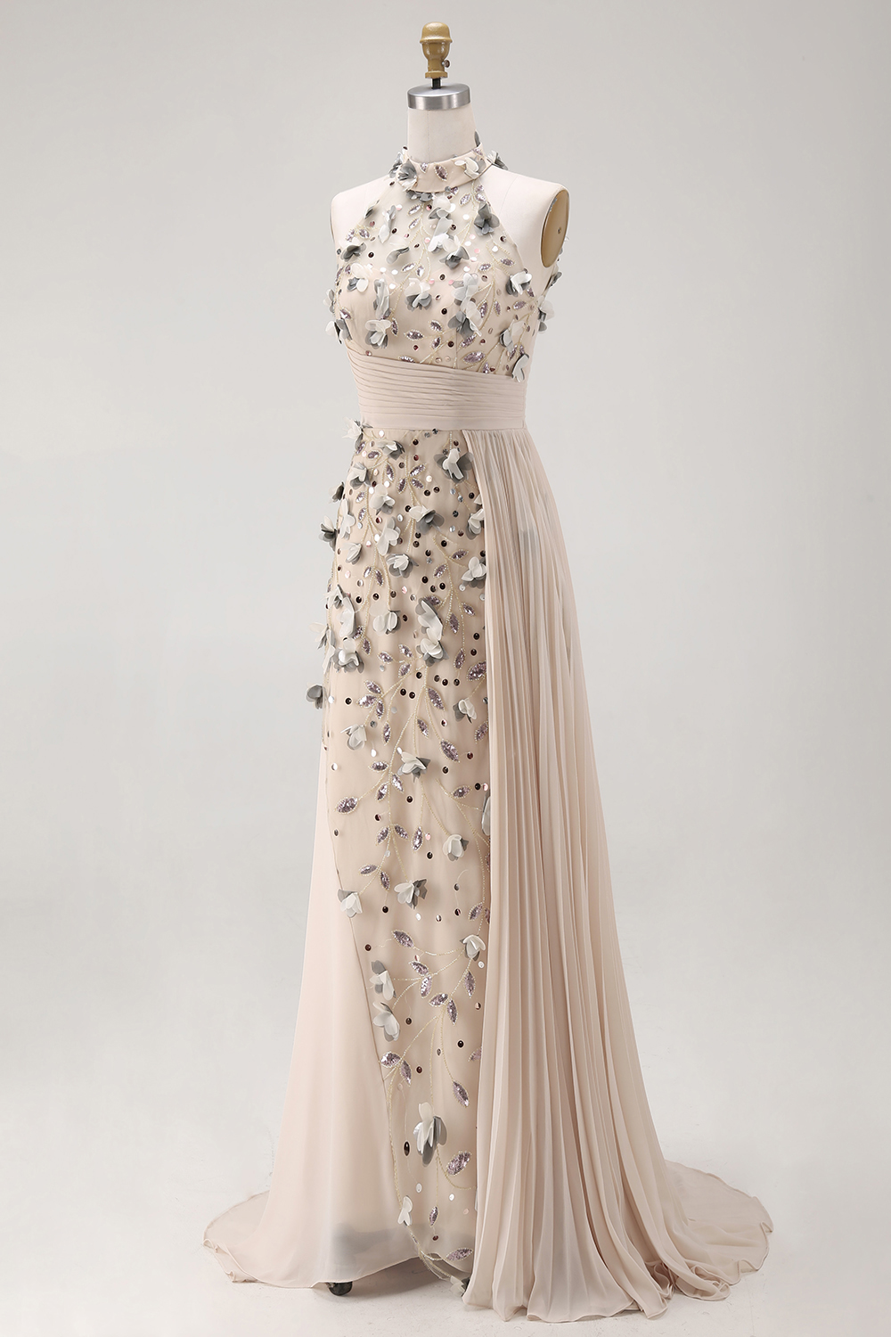 Mermaid Champagne Pleated Floral Long Apricot Formal Dress