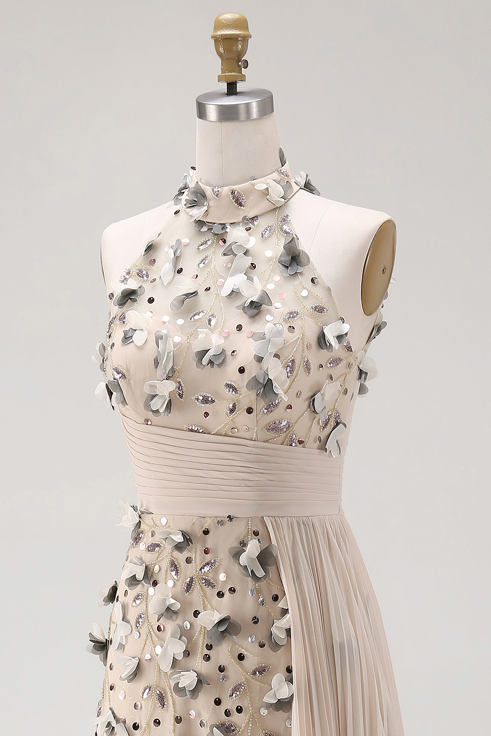 Mermaid Champagne Pleated Floral Long Apricot Formal Dress