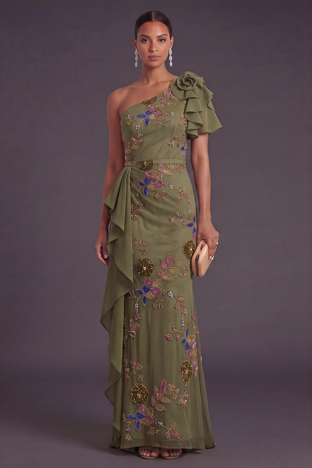 Ruffled Olive Floral Mermaid One Shoulder Long Formal Dress