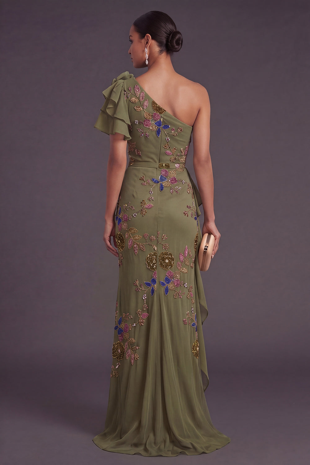 Ruffled Olive Floral Mermaid One Shoulder Long Formal Dress