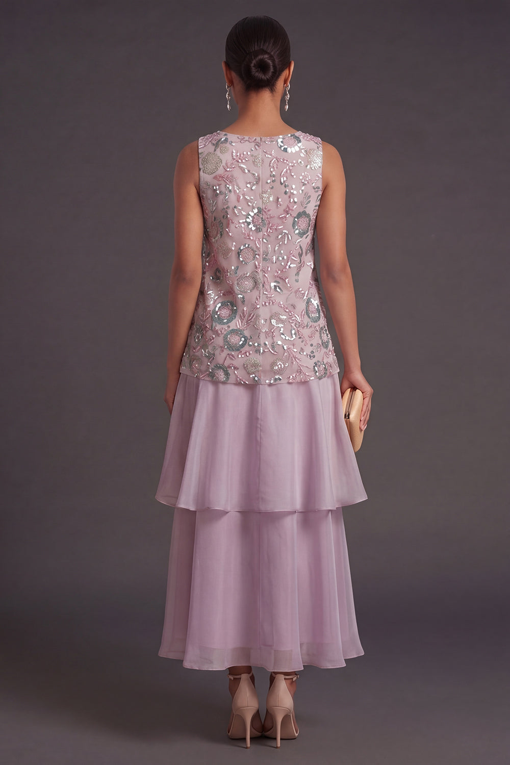 Tiered Floral A Line Sparkly Lilac Long Formal Dress
