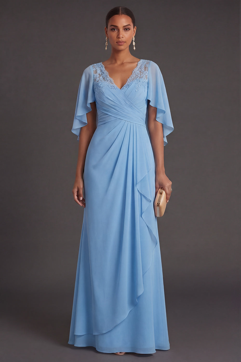 Sky Blue A Line Lace V Neck Ruched Long Formal Dress with Cape
