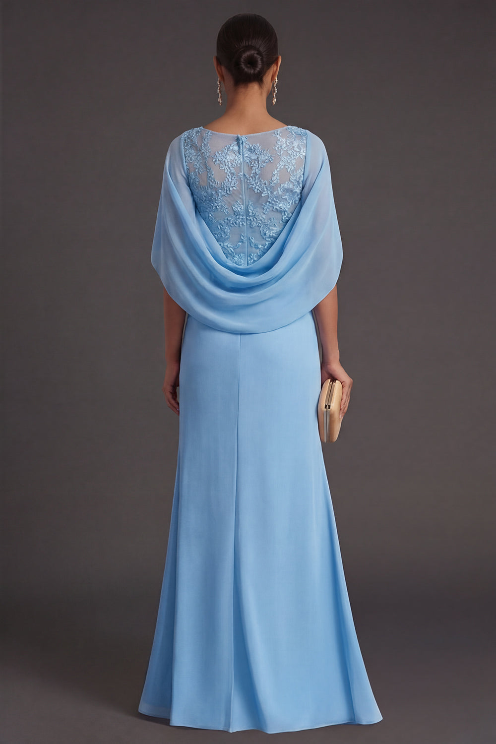 Sky Blue A Line Lace V Neck Ruched Long Formal Dress with Cape