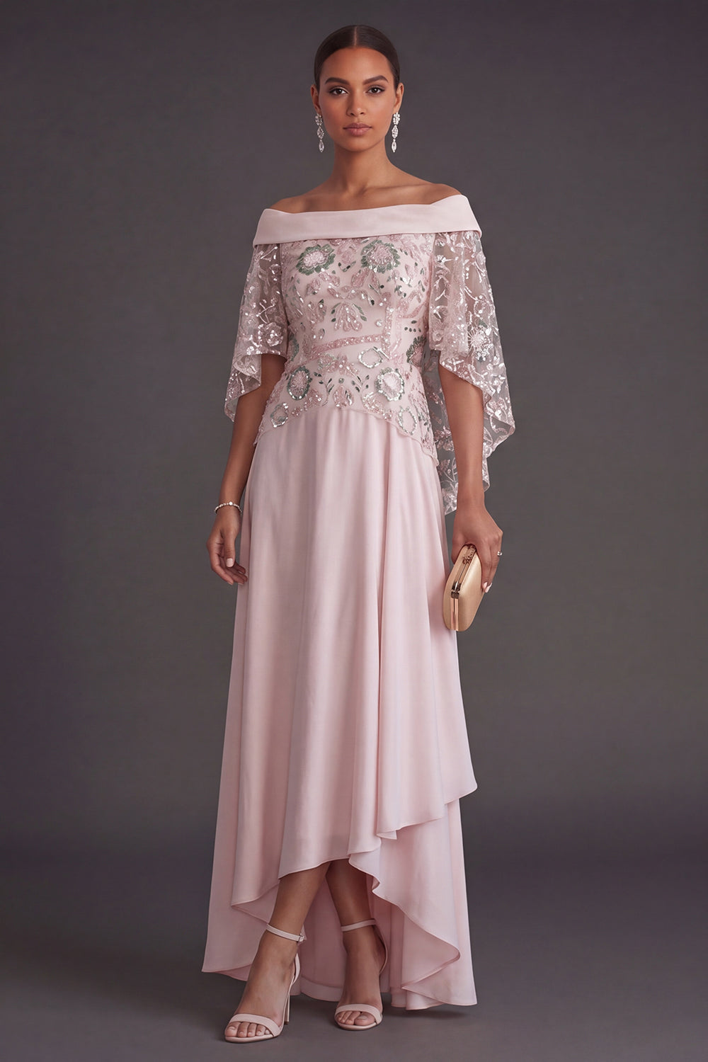 High Low Light Pink Floral Ruffled Formal Dress with Cape