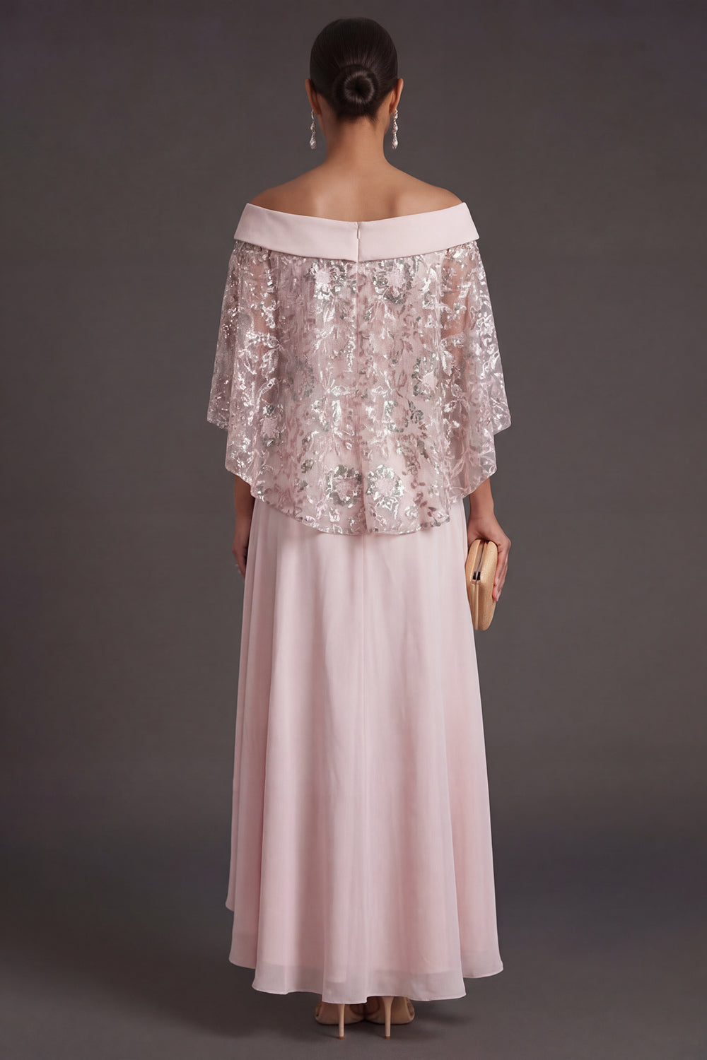 High Low Light Pink Floral Ruffled Formal Dress with Cape