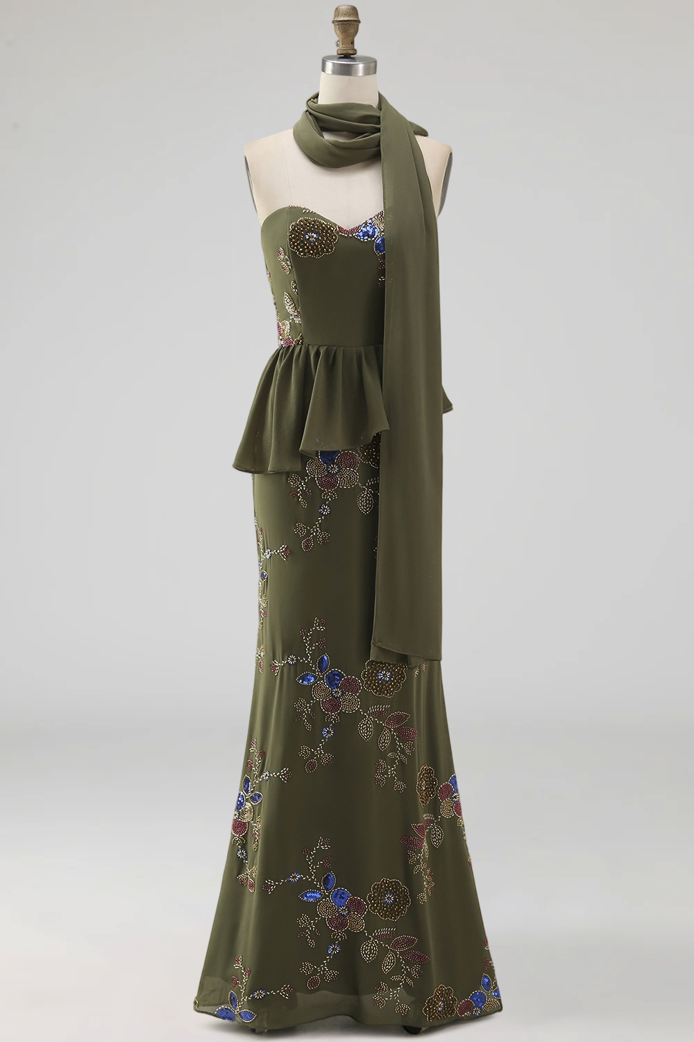 Sparkly Olive Floral Sweetheart Beaded Long Formal Dress